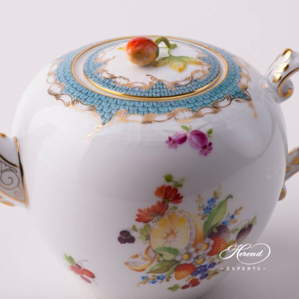 Tea Pot with Strawberry Knob 606-0-11 CFR-ET Fruits w. Turquoise Fish Scale design. Herend porcelain tableware. Hand painted