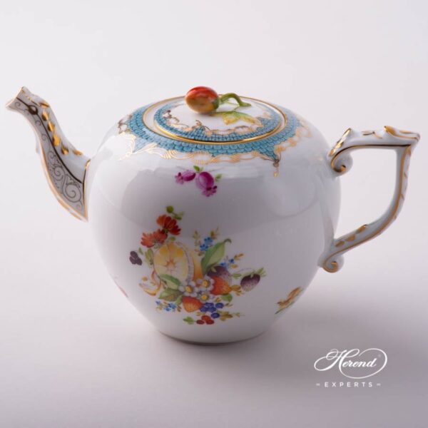 Tea Pot with Strawberry Knob 606-0-11 CFR-ET Fruits w. Turquoise Fish Scale design. Herend porcelain tableware. Hand painted