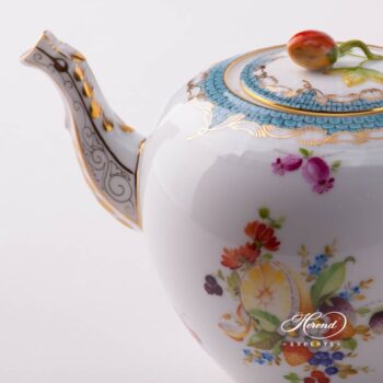 Tea Pot with Strawberry Knob 606-0-11 CFR-ET Fruits w. Turquoise Fish Scale design. Herend porcelain tableware. Hand painted