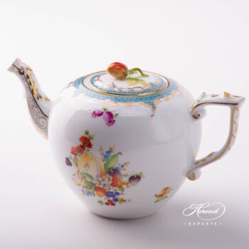 Tea Pot with Strawberry Knob 606-0-11 CFR-ET Fruits w. Turquoise Fish Scale design. Herend porcelain tableware. Hand painted