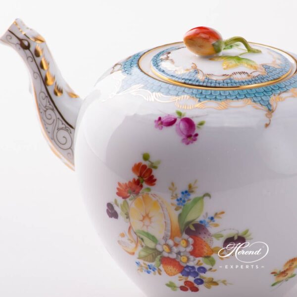 Tea Pot with Strawberry Knob 606-0-11 CFR-ET Fruits w. Turquoise Fish Scale design. Herend porcelain tableware. Hand painted