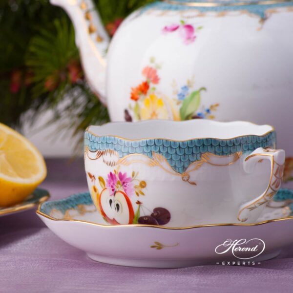 Tea Pot with Strawberry Knob 606-0-11 CFR-ET Fruits w. Turquoise Fish Scale design. Herend porcelain tableware. Hand painted
