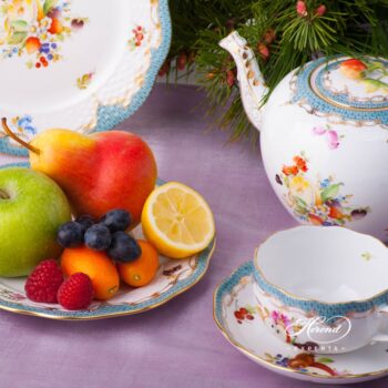 Tea Pot with Strawberry Knob 606-0-11 CFR-ET Fruits w. Turquoise Fish Scale design. Herend porcelain tableware. Hand painted