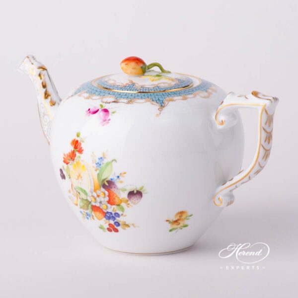 Tea Pot with Strawberry Knob 606-0-11 CFR-ET Fruits w. Turquoise Fish Scale design. Herend porcelain tableware. Hand painted