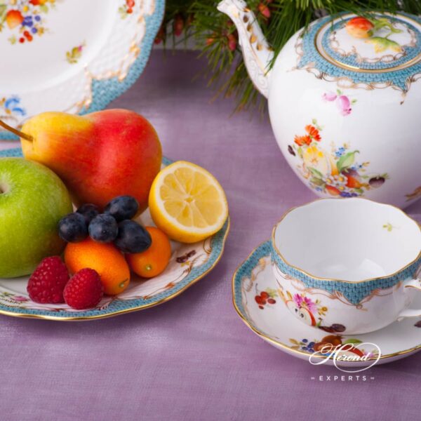 Tea Pot with Strawberry Knob 606-0-11 CFR-ET Fruits w. Turquoise Fish Scale design. Herend porcelain tableware. Hand painted