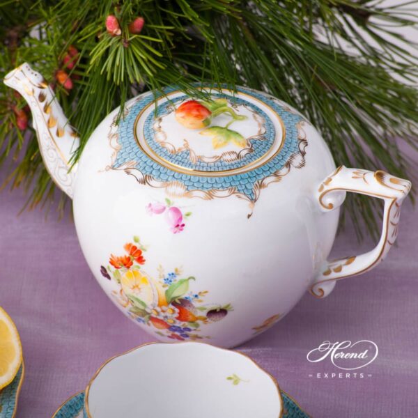 Tea Pot with Strawberry Knob 606-0-11 CFR-ET Fruits w. Turquoise Fish Scale design. Herend porcelain tableware. Hand painted