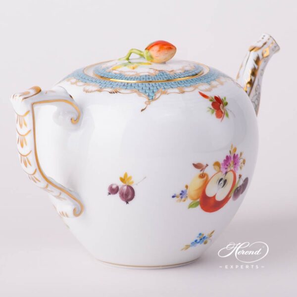 Tea Pot with Strawberry Knob 606-0-11 CFR-ET Fruits w. Turquoise Fish Scale design. Herend porcelain tableware. Hand painted