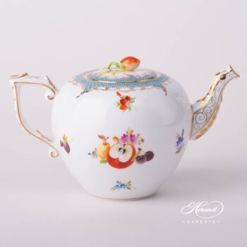 Tea Pot with Strawberry Knob 606-0-11 CFR-ET Fruits w. Turquoise Fish Scale design. Herend porcelain tableware. Hand painted