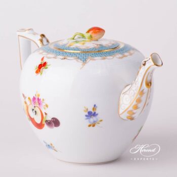 Tea Pot with Strawberry Knob 606-0-11 CFR-ET Fruits w. Turquoise Fish Scale design. Herend porcelain tableware. Hand painted