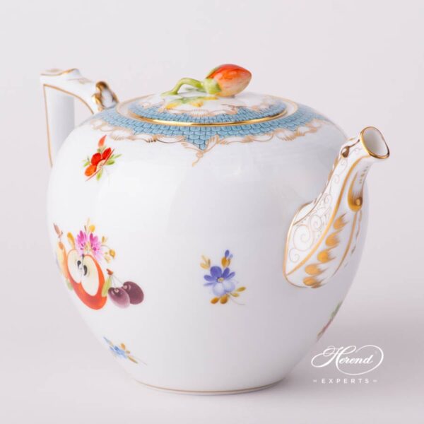 Tea Pot with Strawberry Knob 606-0-11 CFR-ET Fruits w. Turquoise Fish Scale design. Herend porcelain tableware. Hand painted