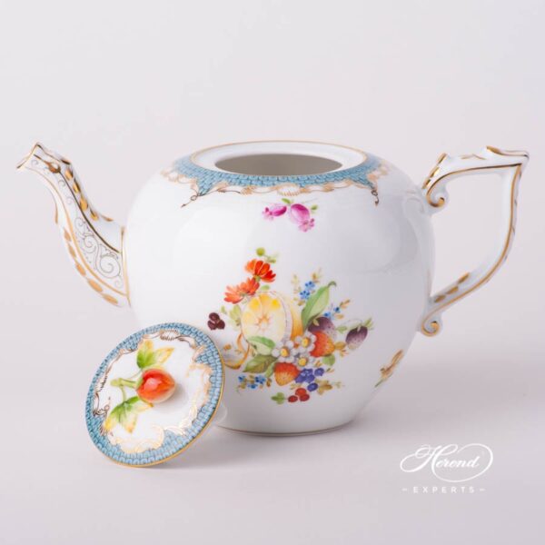 Tea Pot with Strawberry Knob 606-0-11 CFR-ET Fruits w. Turquoise Fish Scale design. Herend porcelain tableware. Hand painted