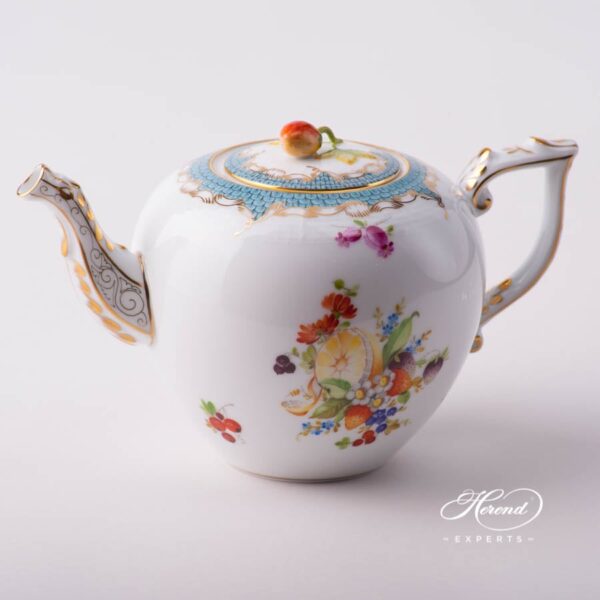 Tea Pot with Strawberry Knob 606-0-11 CFR-ET Fruits w. Turquoise Fish Scale design. Herend porcelain tableware. Hand painted