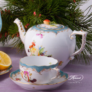 Tea Pot with Strawberry Knob 606-0-11 CFR-ET Fruits w. Turquoise Fish Scale design. Herend porcelain tableware. Hand painted