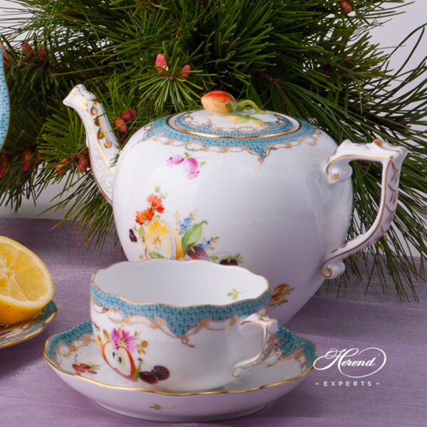 Tea Pot with Strawberry Knob 606-0-11 CFR-ET Fruits w. Turquoise Fish Scale design. Herend porcelain tableware. Hand painted