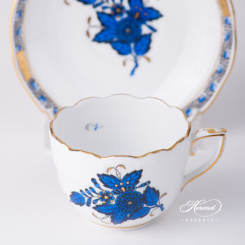 Coffee / Espresso Cup w. Saucer 711-0-00 AB3-X1 Chinese Bouquet Navy Blue / Apponyi Dark Blue design. Herend fine china