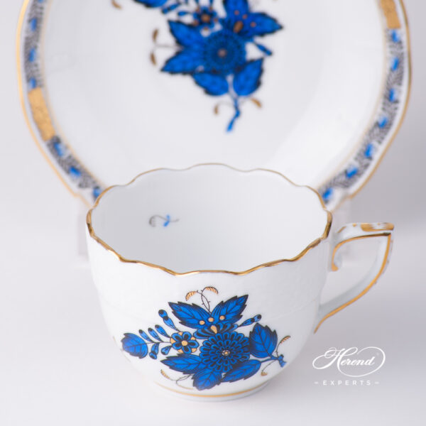 Coffee / Espresso Cup w. Saucer 711-0-00 AB3-X1 Chinese Bouquet Navy Blue / Apponyi Dark Blue design. Herend fine china