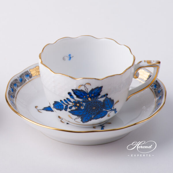 Coffee / Espresso Cup w. Saucer 711-0-00 AB3-X1 Chinese Bouquet Navy Blue / Apponyi Dark Blue design. Herend fine china