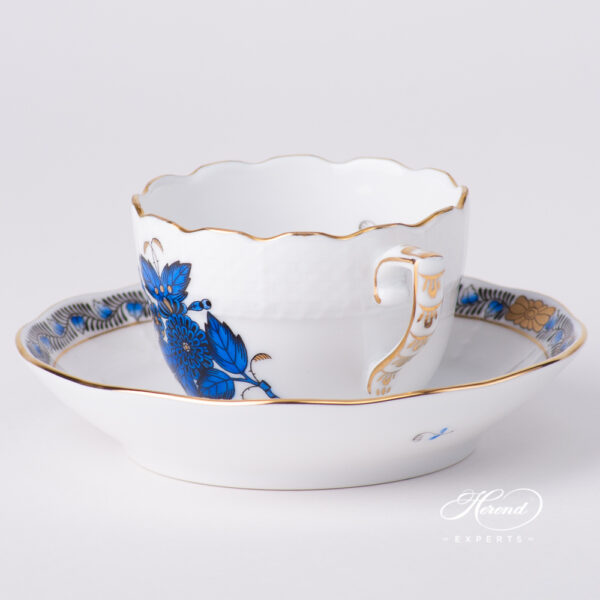 Coffee / Espresso Cup w. Saucer 711-0-00 AB3-X1 Chinese Bouquet Navy Blue / Apponyi Dark Blue design. Herend fine china