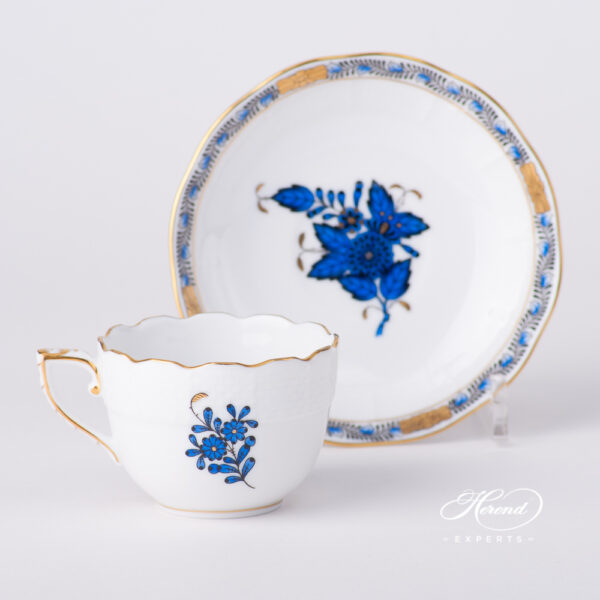 Coffee / Espresso Cup w. Saucer 711-0-00 AB3-X1 Chinese Bouquet Navy Blue / Apponyi Dark Blue design. Herend fine china
