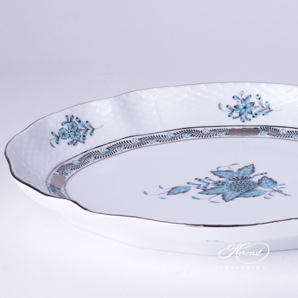 Oval Dish 211-0-00 ATQ3-PT Chinese Bouquet / Apponyi Turquoise w. Platinum pattern. Herend fine china