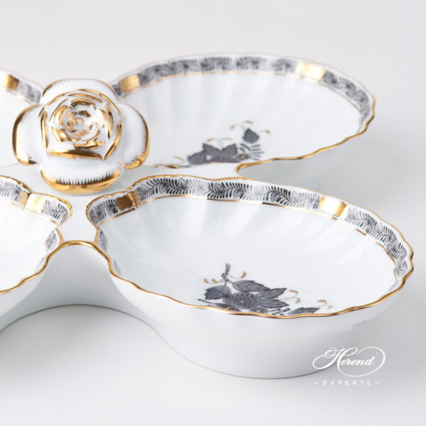 Fancy Dish w. Rose Handle 7532-0-09 ANG Chinese Bouquet / Apponyi Black design. Herend fine china