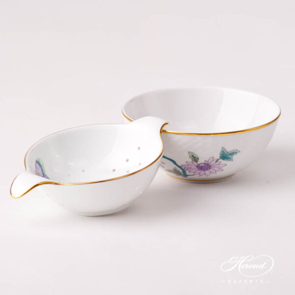 Tea Strainer w. Cup 1453-0-00 EVICTP2 and 1454-0-00 EVICTF2 Royal Garden Turquoise patterns. Herend fine china tableware