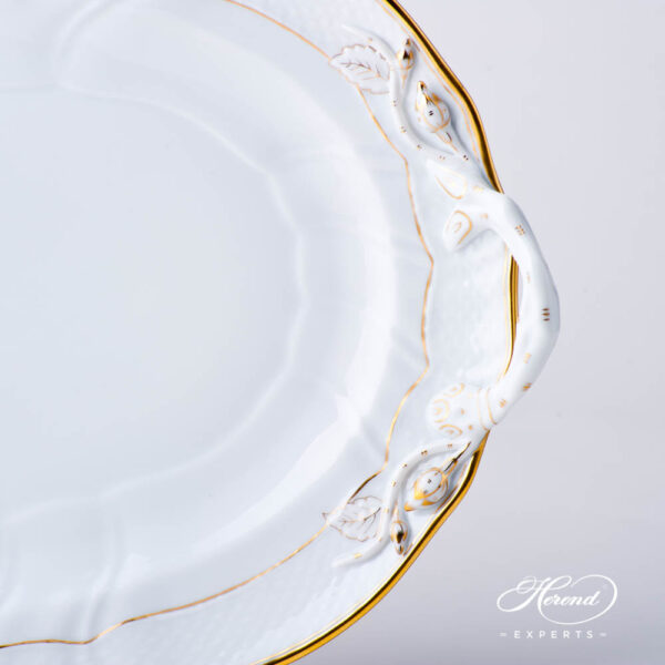 Oval Dish w. Branch Handles 1122-0-00 HD Hadik design. Herend fine china hand painted. Rich Golden Edge. Classical Herend design