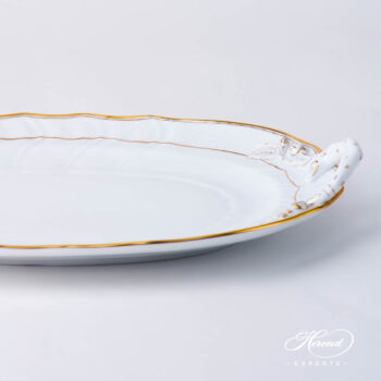 Oval Dish w. Branch Handles 1122-0-00 HD Hadik design. Herend fine china hand painted. Rich Golden Edge. Classical Herend design