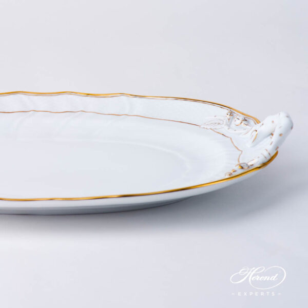 Oval Dish w. Branch Handles 1122-0-00 HD Hadik design. Herend fine china hand painted. Rich Golden Edge. Classical Herend design