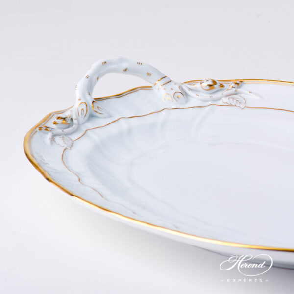 Oval Dish w. Branch Handles 1122-0-00 HD Hadik design. Herend fine china hand painted. Rich Golden Edge. Classical Herend design