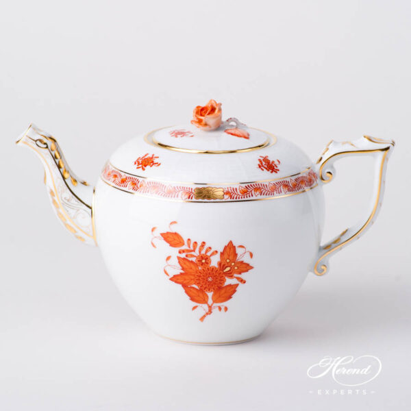 Tea Pot w. Rose Knob 604-0-09 AOG Chinese Bouquet Rust / Apponyi Orange design. Herend fine china hand painted