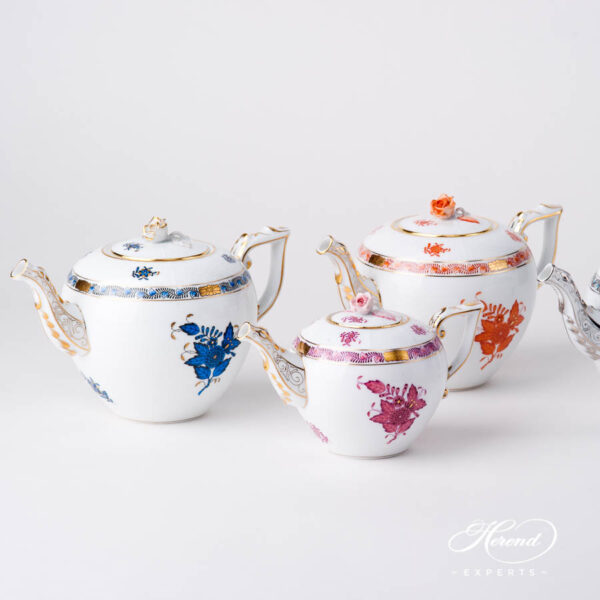 Tea Pot w. Rose Knob - Navy Blue, Orange and Light Purple Chinese Bouquet / Apponyi design. Herend fine china hand painted