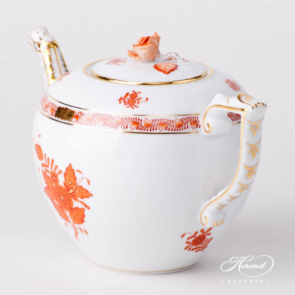 Tea Pot w. Rose Knob 604-0-09 AOG Chinese Bouquet Rust / Apponyi Orange design. Herend fine china hand painted