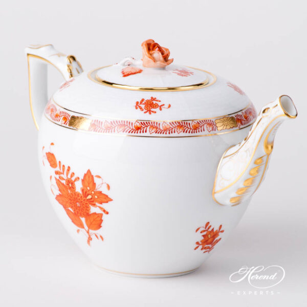 Tea Pot w. Rose Knob 604-0-09 AOG Chinese Bouquet Rust / Apponyi Orange design. Herend fine china hand painted