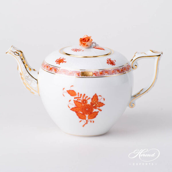 Tea Pot w. Rose Knob 604-0-09 AOG Chinese Bouquet Rust / Apponyi Orange design. Herend fine china hand painted