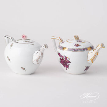 Mini Tea Pots w. Rose Knob - Viennese Rose Platinum VGR-PT and Chinese Bouquet / Apponyi Burgundy  AP3-X1 designs. Herend fine china