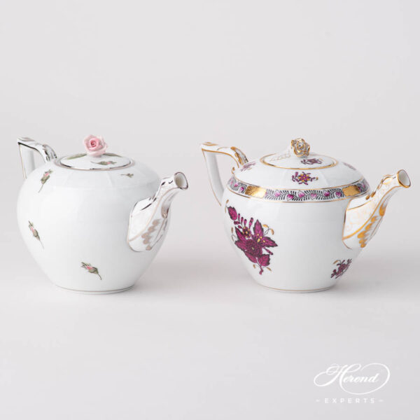 Mini Tea Pots w. Rose Knob - Viennese Rose Platinum VGR-PT and Chinese Bouquet / Apponyi Burgundy  AP3-X1 designs. Herend fine china