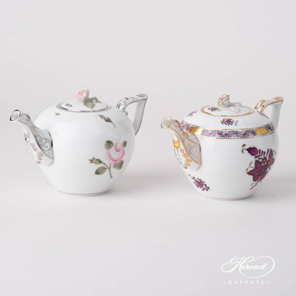 Mini Tea Pots w. Rose Knob - Viennese Rose Platinum VGR-PT and Chinese Bouquet / Apponyi Burgundy  AP3-X1 designs. Herend fine china