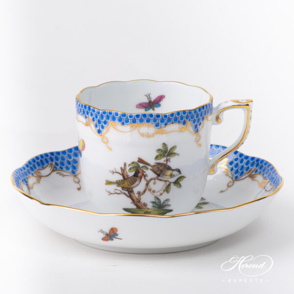 Coffee Cup with Saucer 707-0-00 RO-ETB Rothschild Bird Blue Fish Scale pattern. Herend fine china