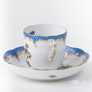 Coffee Cup with Saucer 707-0-00 RO-ETB Rothschild Bird Blue Fish Scale pattern. Herend fine china