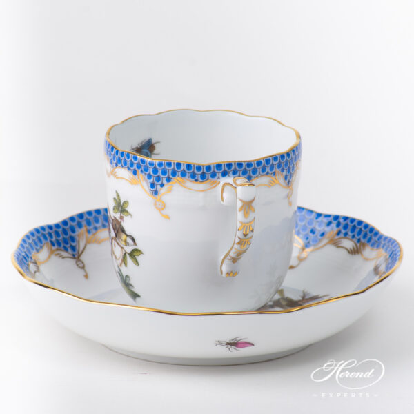 Coffee Cup with Saucer 707-0-00 RO-ETB Rothschild Bird Blue Fish Scale pattern. Herend fine china