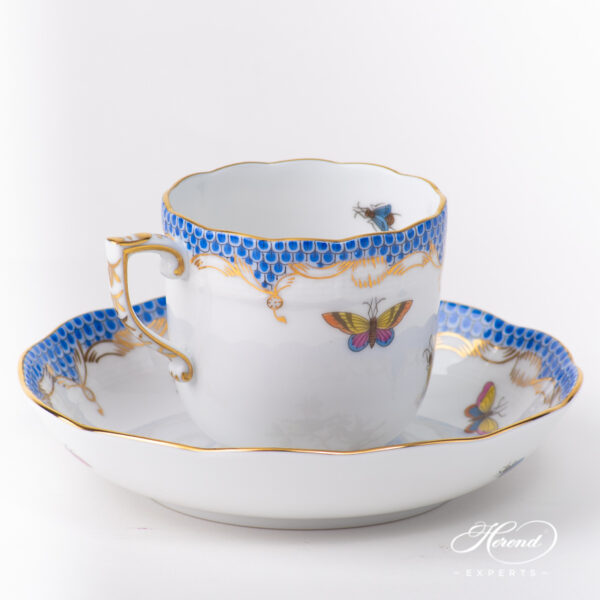 Coffee Cup with Saucer 707-0-00 RO-ETB Rothschild Bird Blue Fish Scale pattern. Herend fine china