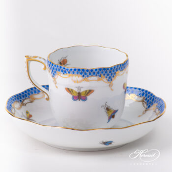Coffee Cup with Saucer 707-0-00 RO-ETB Rothschild Bird Blue Fish Scale pattern. Herend fine china