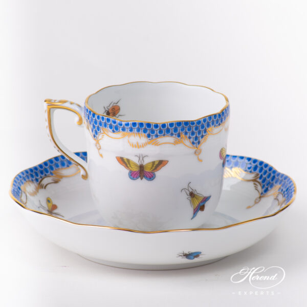 Coffee Cup with Saucer 707-0-00 RO-ETB Rothschild Bird Blue Fish Scale pattern. Herend fine china