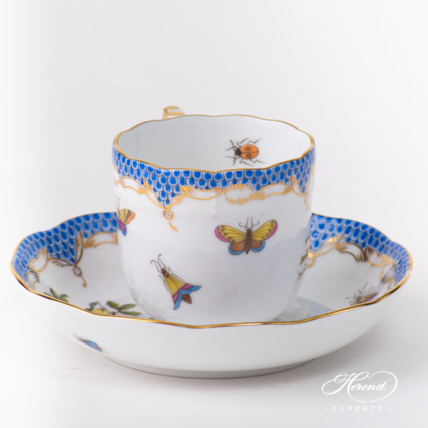Coffee Cup with Saucer 707-0-00 RO-ETB Rothschild Bird Blue Fish Scale pattern. Herend fine china