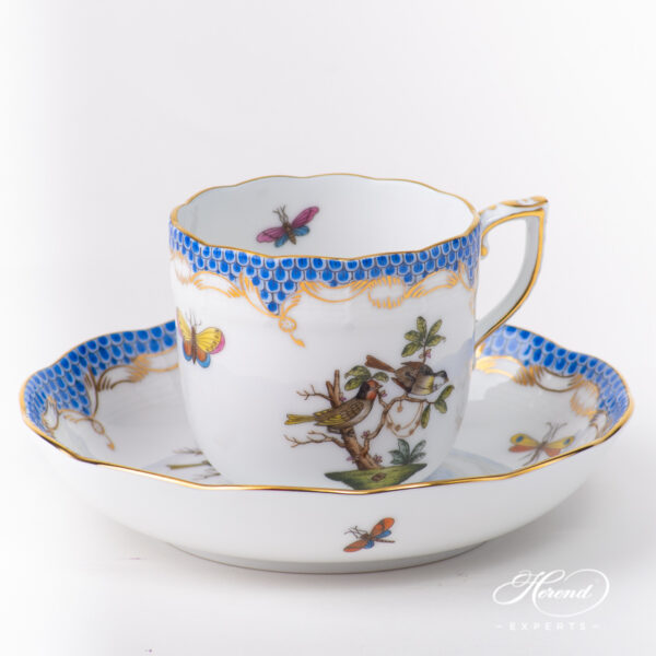 Coffee Cup with Saucer 707-0-00 RO-ETB Rothschild Bird Blue Fish Scale pattern. Herend fine china