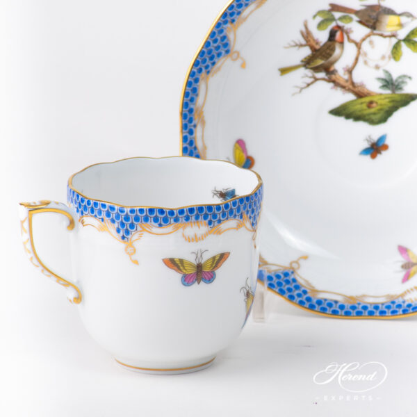 Coffee Cup with Saucer 707-0-00 RO-ETB Rothschild Bird Blue Fish Scale pattern. Herend fine china