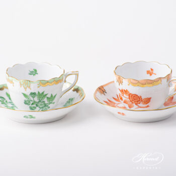 Herend porcelain Coffee or Espresso Cup with Saucer - Herend Queen Victoria VBAV - Green gold and Orange gold monochrome design. Volume: 1 dl (3 OZ).