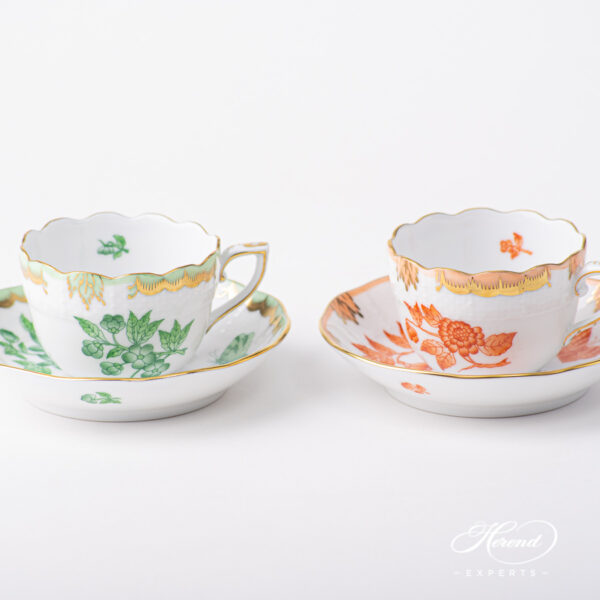 Herend porcelain Coffee or Espresso Cup with Saucer - Herend Queen Victoria VBAV - Green gold and Orange gold monochrome design. Volume: 1 dl (3 OZ).