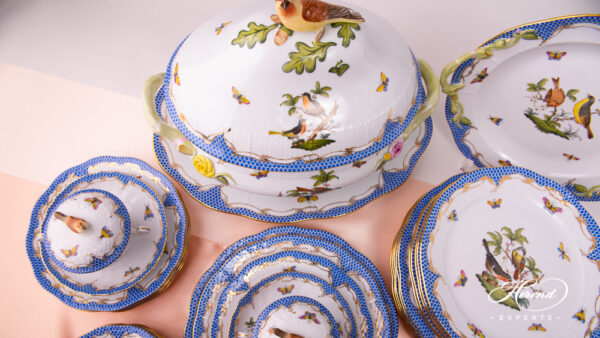 Dinner Set for Six People - Herend Rothschild Bird Blue Fishnet - RO-ETB pattern. Herend fine china